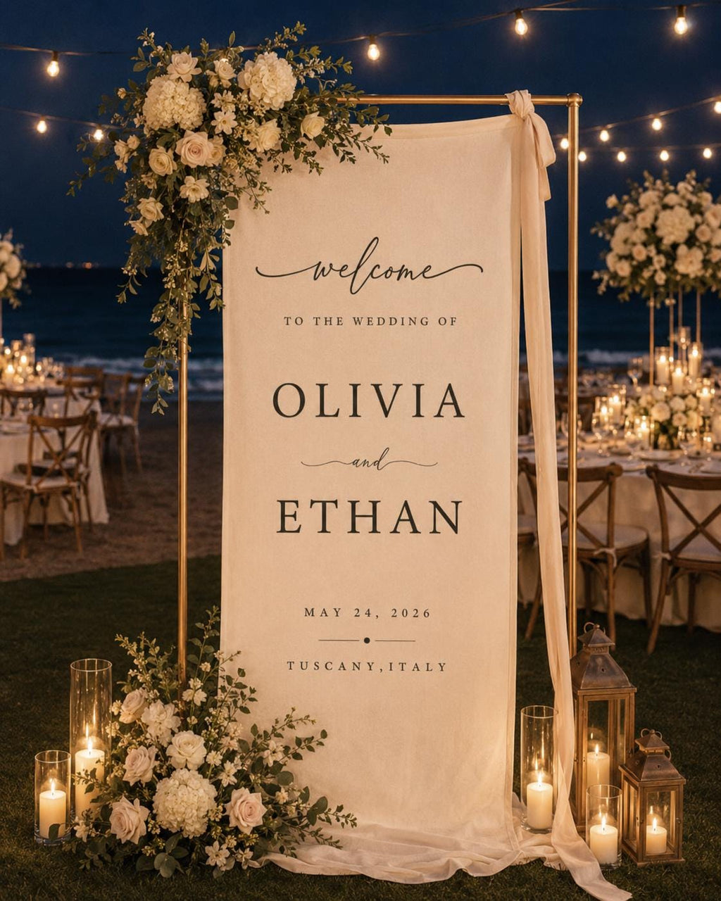 Personalized Linen Wedding Banner, Custom Fabric Welcome Sign, Elegant Ceremony Backdrop for Reception & Outdoor Wedding Decor