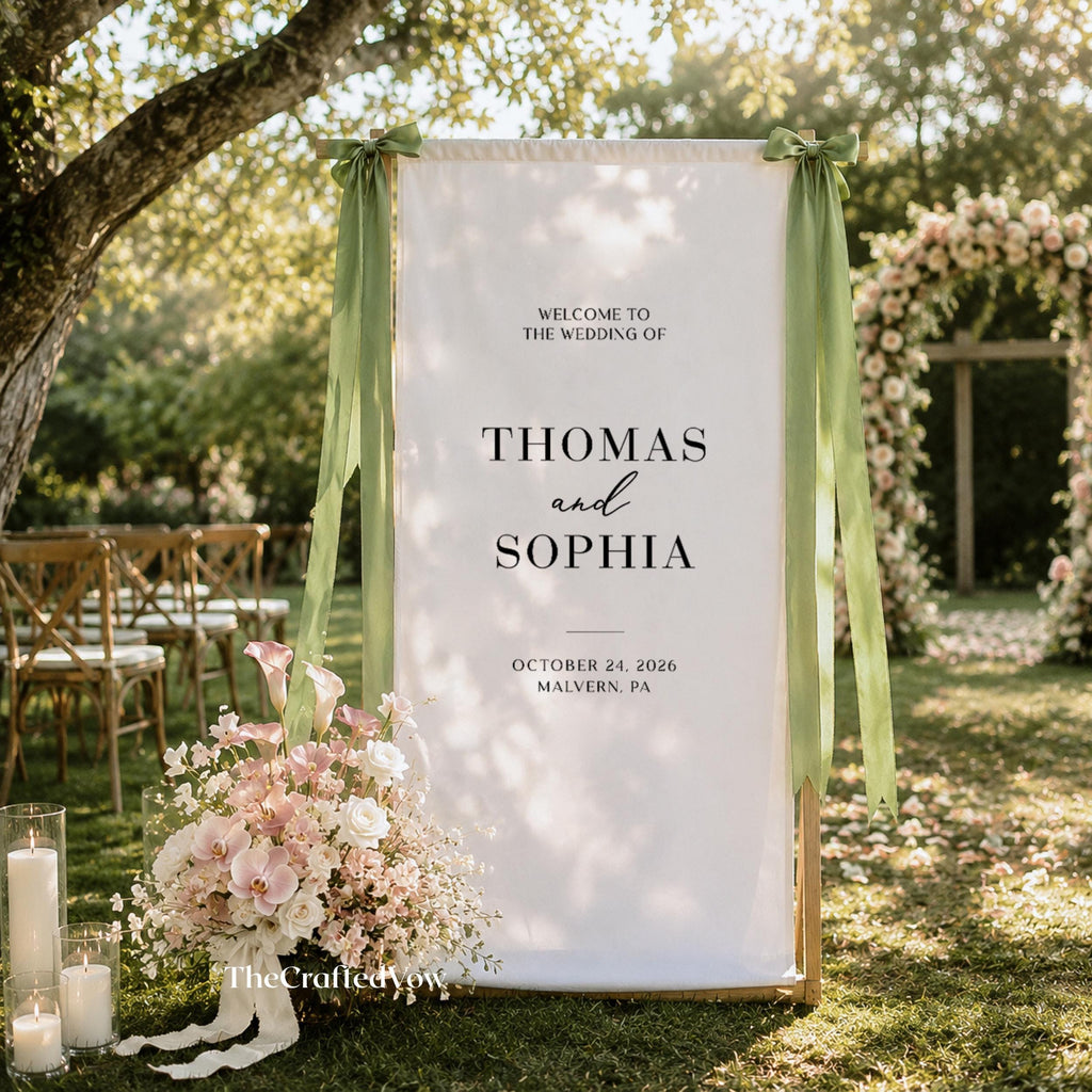 Personalized Linen Wedding Welcome Sign, Custom Fabric Banner, Modern Engagement Party Decor
