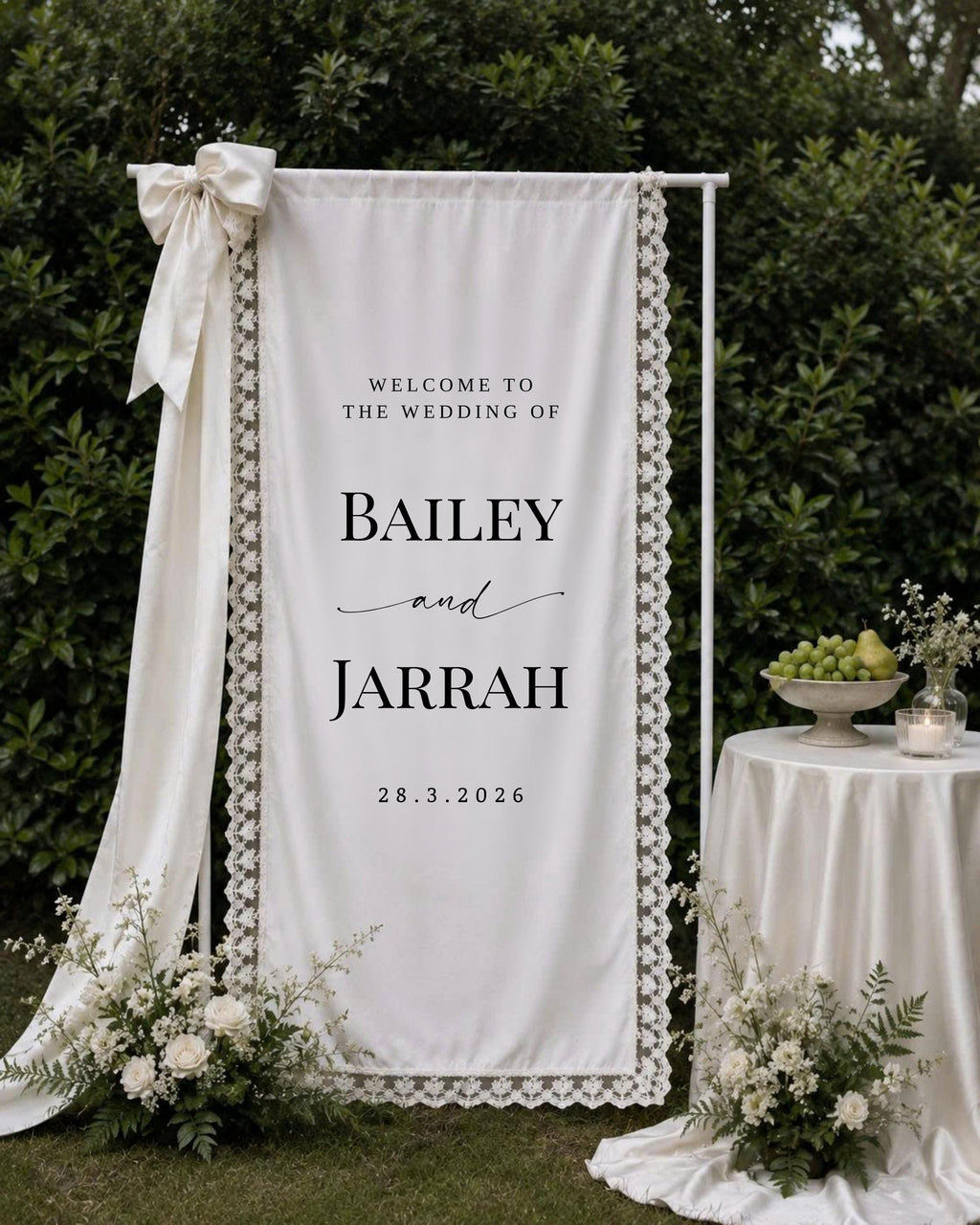 Lace Wedding Welcome Sign, Custom Linen Fabric Banner