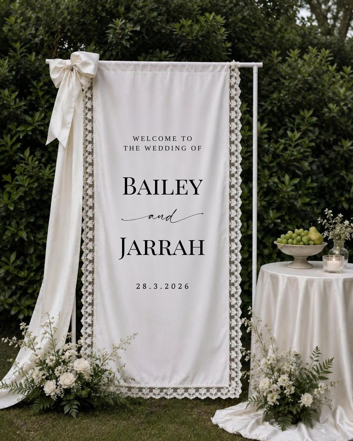 Lace Wedding Welcome Sign, Custom Linen Fabric Banner