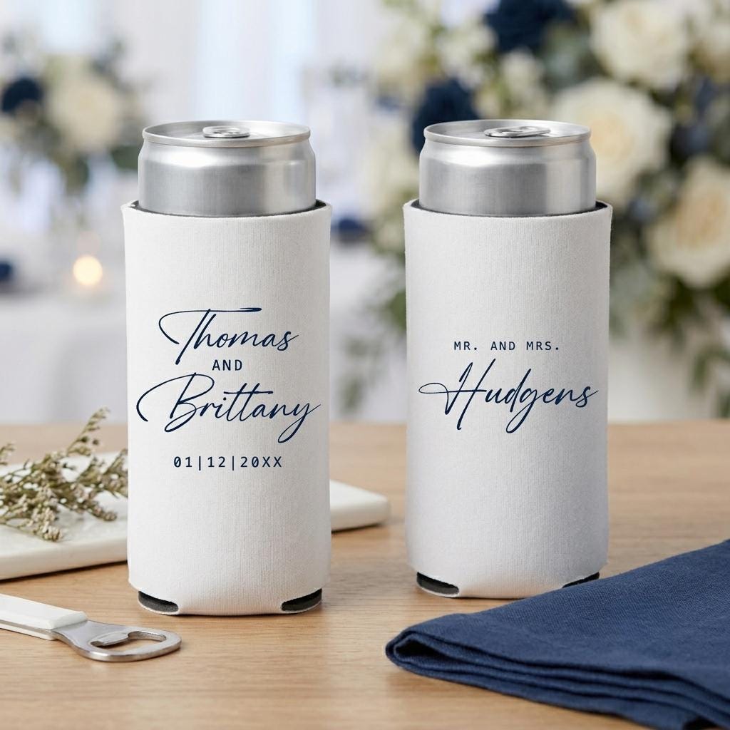 Mr And Mrs Wedding Slim Can Coolers Personalized Wedding Favors Custom Skinny Can Sleeves Bride Groom Reception Keepsake