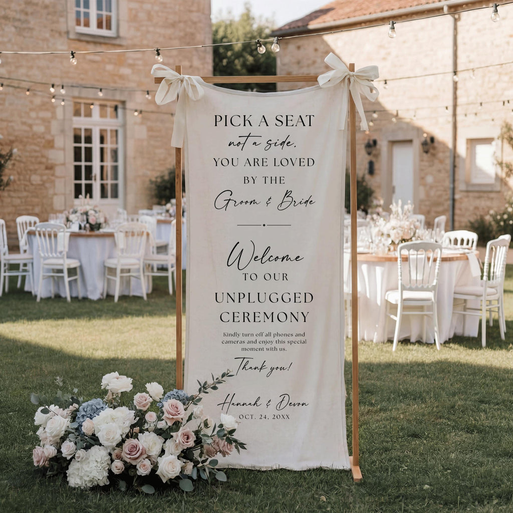 Pick a Seat Not a Side Linen Wedding Sign, Custom Wedding Seating Vertical Banner, Rustic Unplugged Ceremony Entrance Decor for Reception