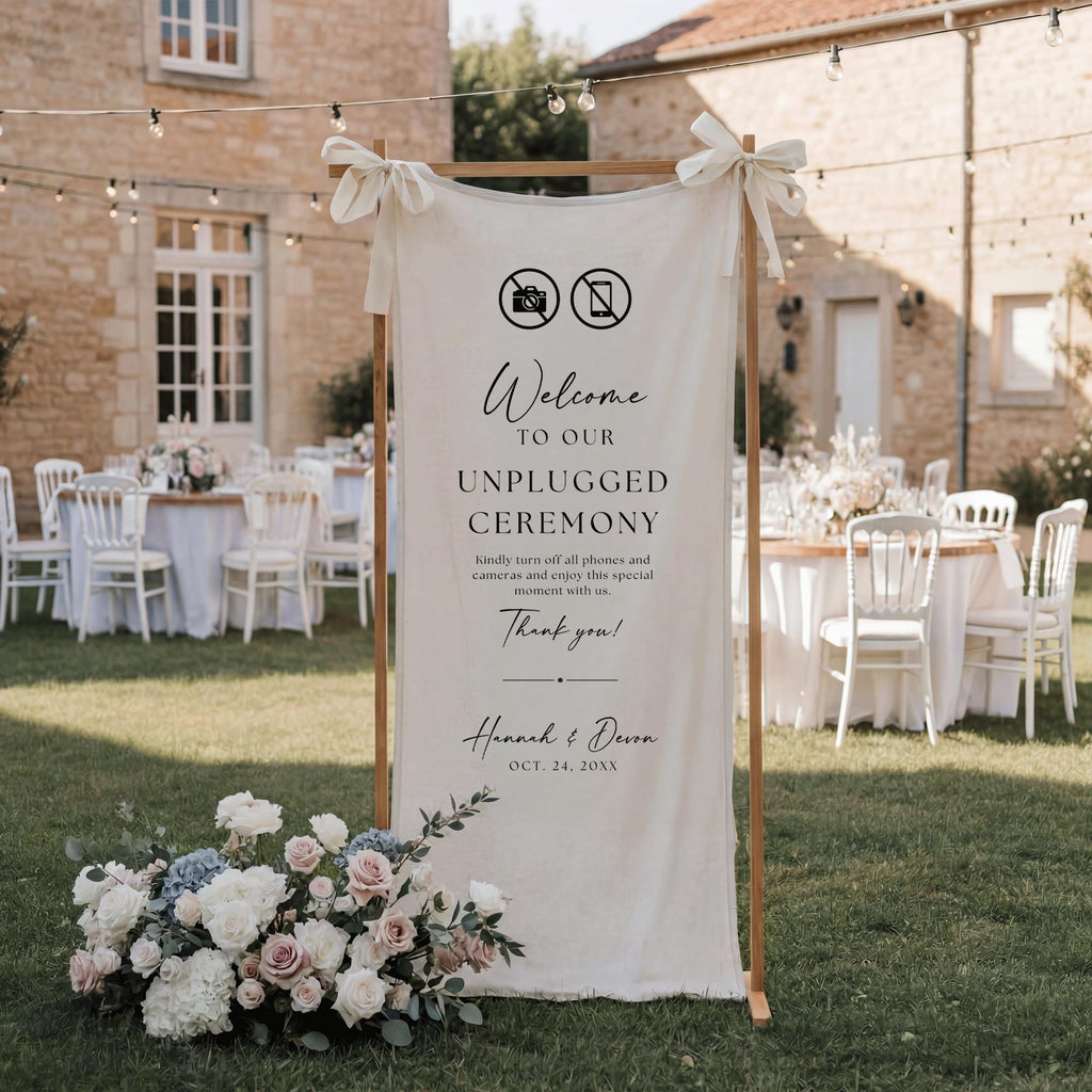 Unplugged Ceremony Linen Wedding Banner, Custom No Phones Allowed Sign, Rustic Vertical Reception Entrance Decor for Barnyard Wedding