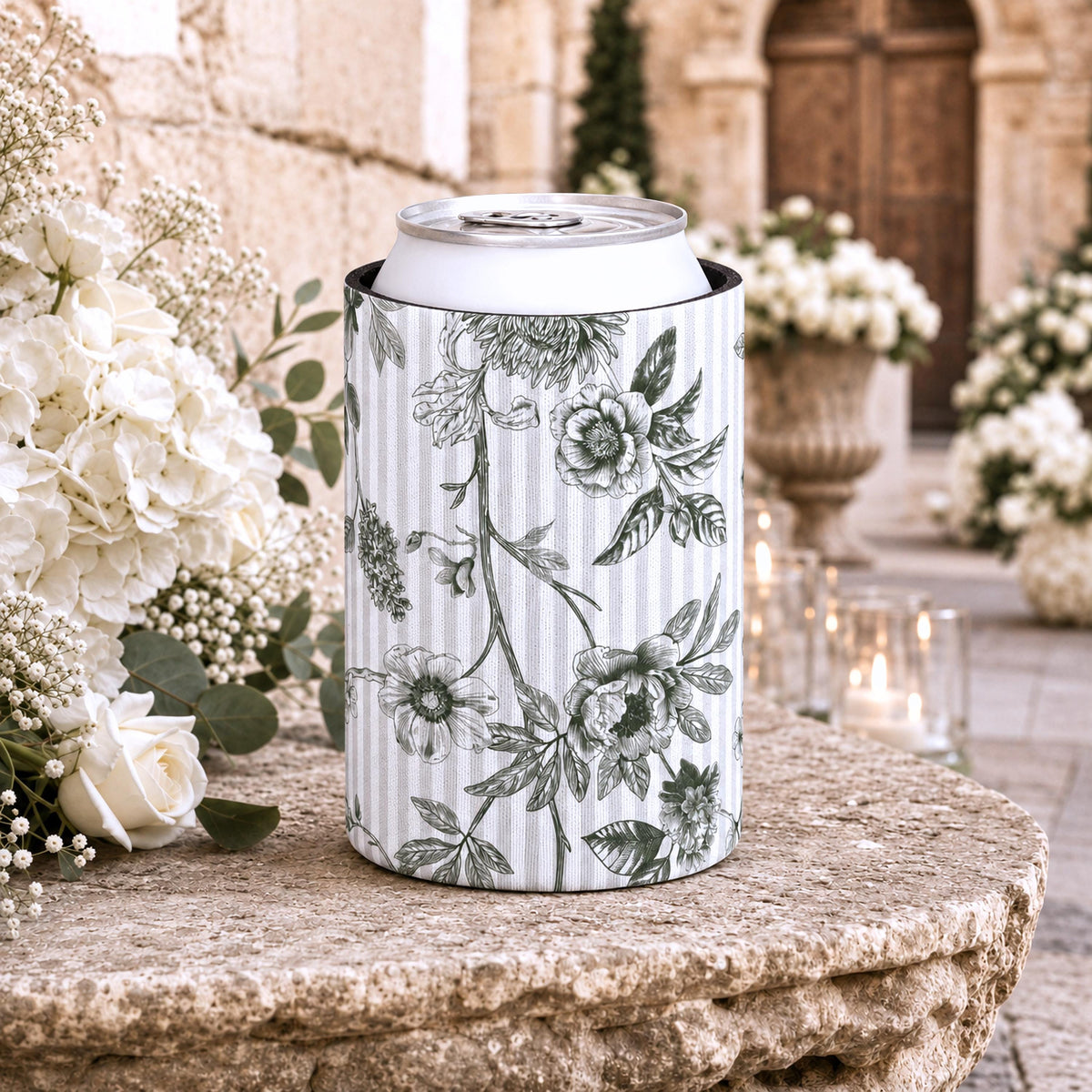 Personalized Floral Wedding Can Coolers, Custom Striped Wedding Can Sleeves, Floral Drink Holders With Couple Names, Wedding Must Haves