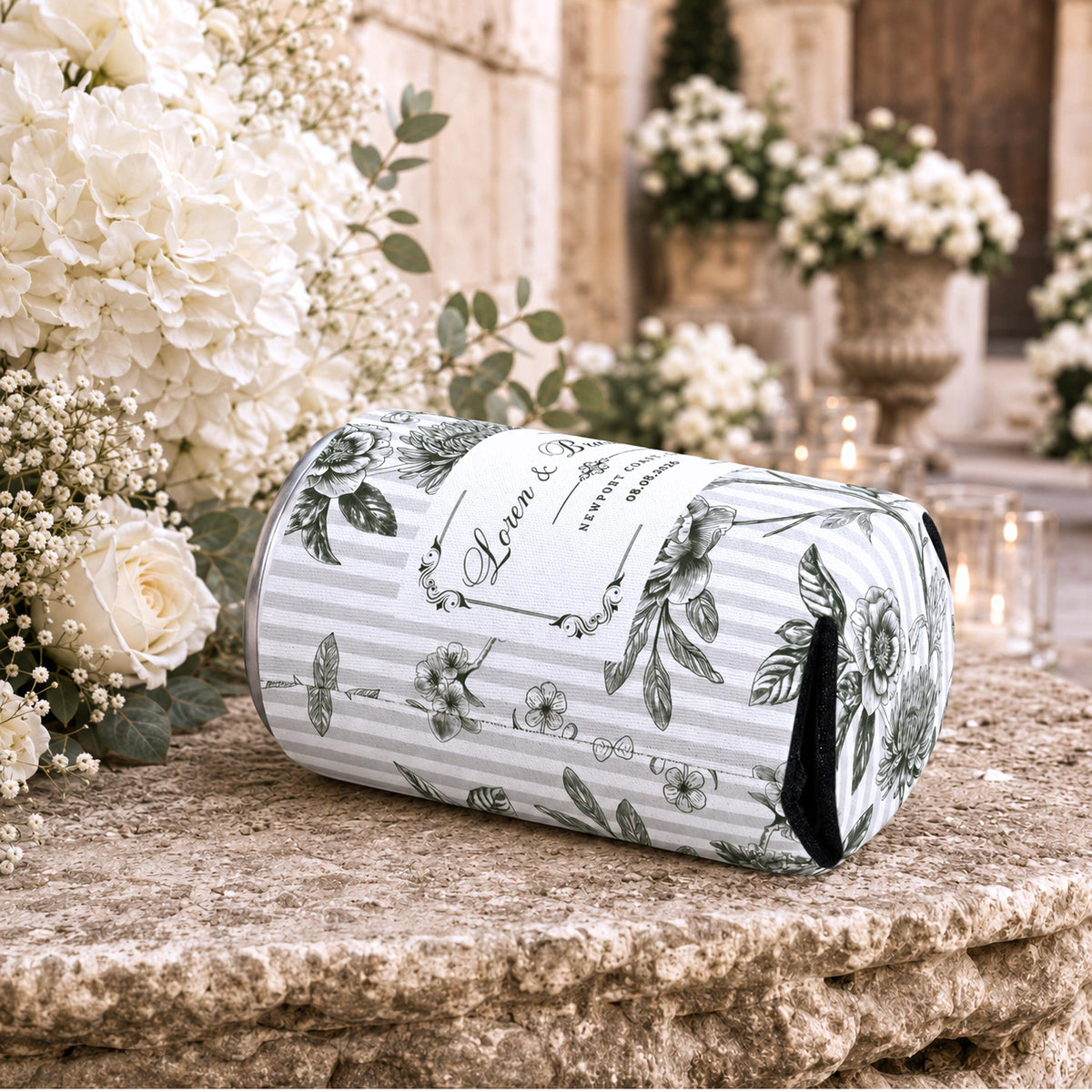 Personalized Floral Wedding Can Coolers, Custom Striped Wedding Can Sleeves, Floral Drink Holders With Couple Names, Wedding Must Haves