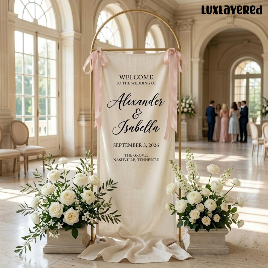 Personalized Linen Wedding Welcome Sign, Ceremony Entrance Decor, Custom Linen Backdrop, Standing Banner