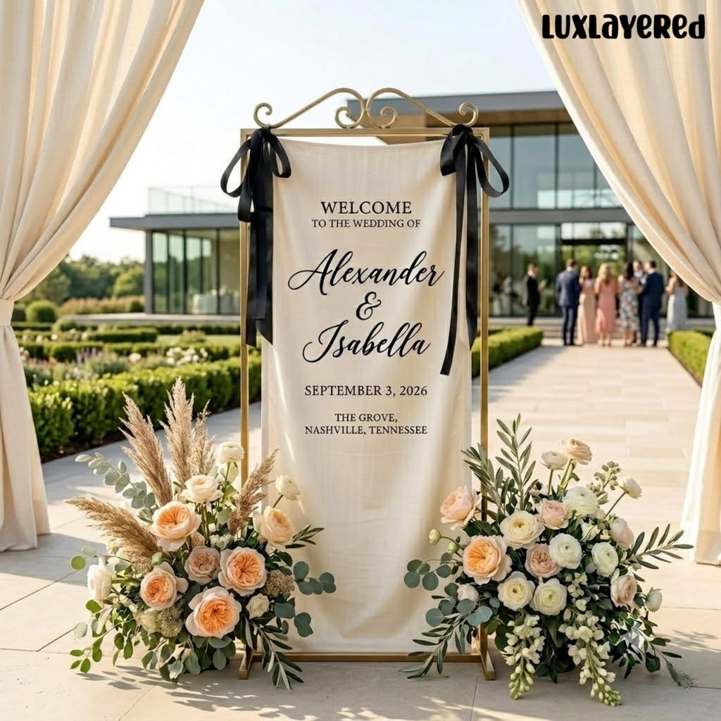 Personalized Linen Wedding Welcome Sign, Ceremony Entrance Decor, Custom Linen Backdrop, Standing Banner