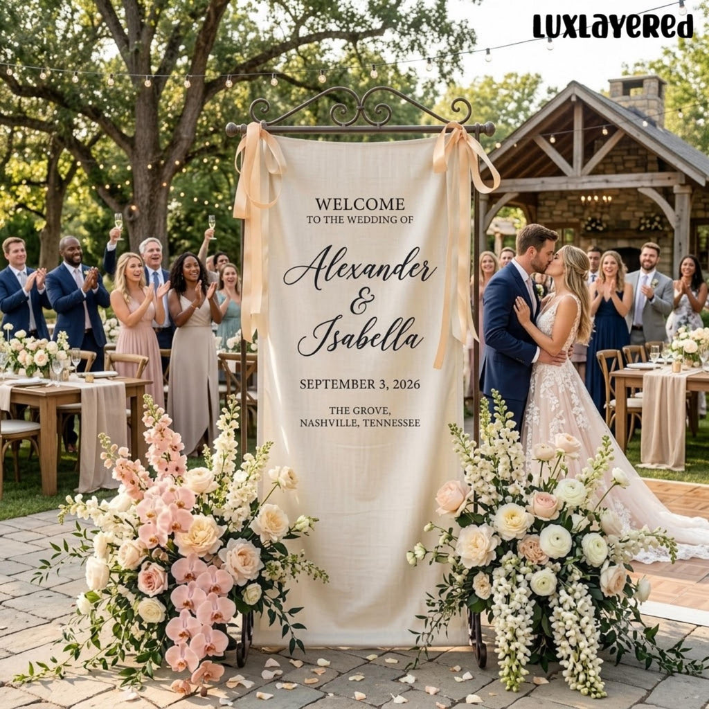 Personalized Linen Wedding Welcome Sign, Ceremony Entrance Decor, Custom Linen Backdrop, Standing Banner