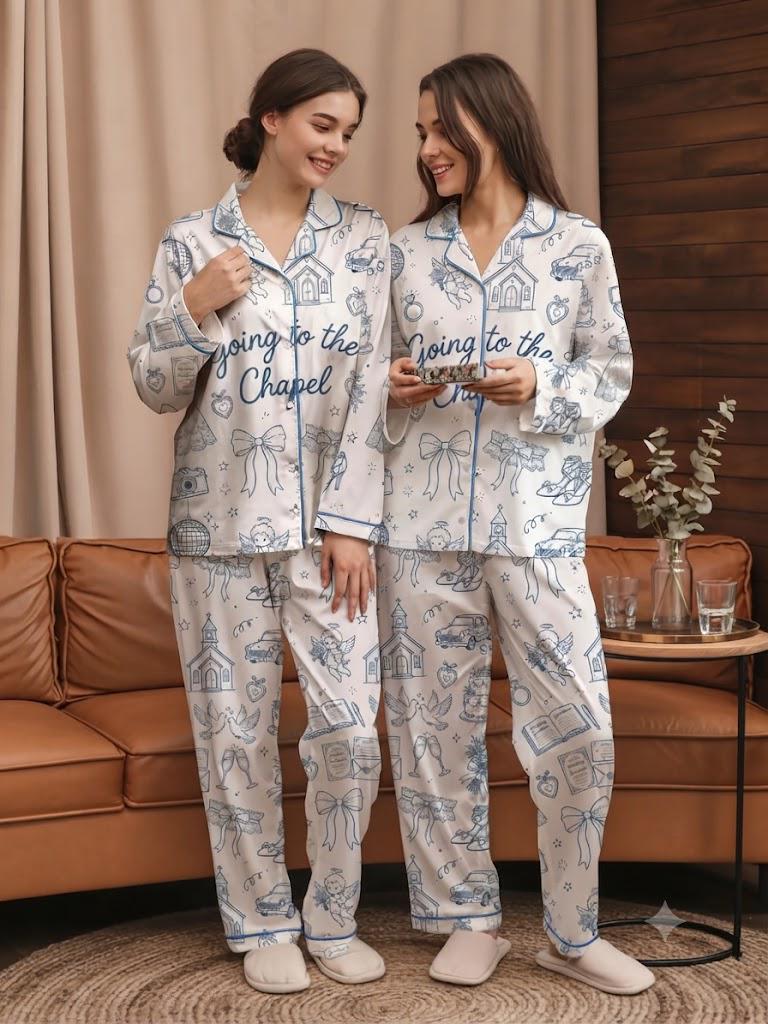 Going to the Chapel Pajamas – Matching Bridal Party Pjs – Blue Bridal Shower Gift - Toile Wedding