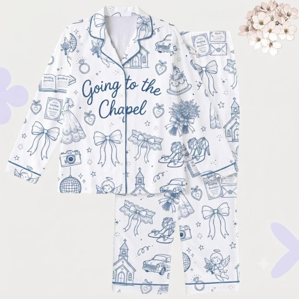 Going to the Chapel Pajamas – Matching Bridal Party Pjs – Blue Bridal Shower Gift - Toile Wedding