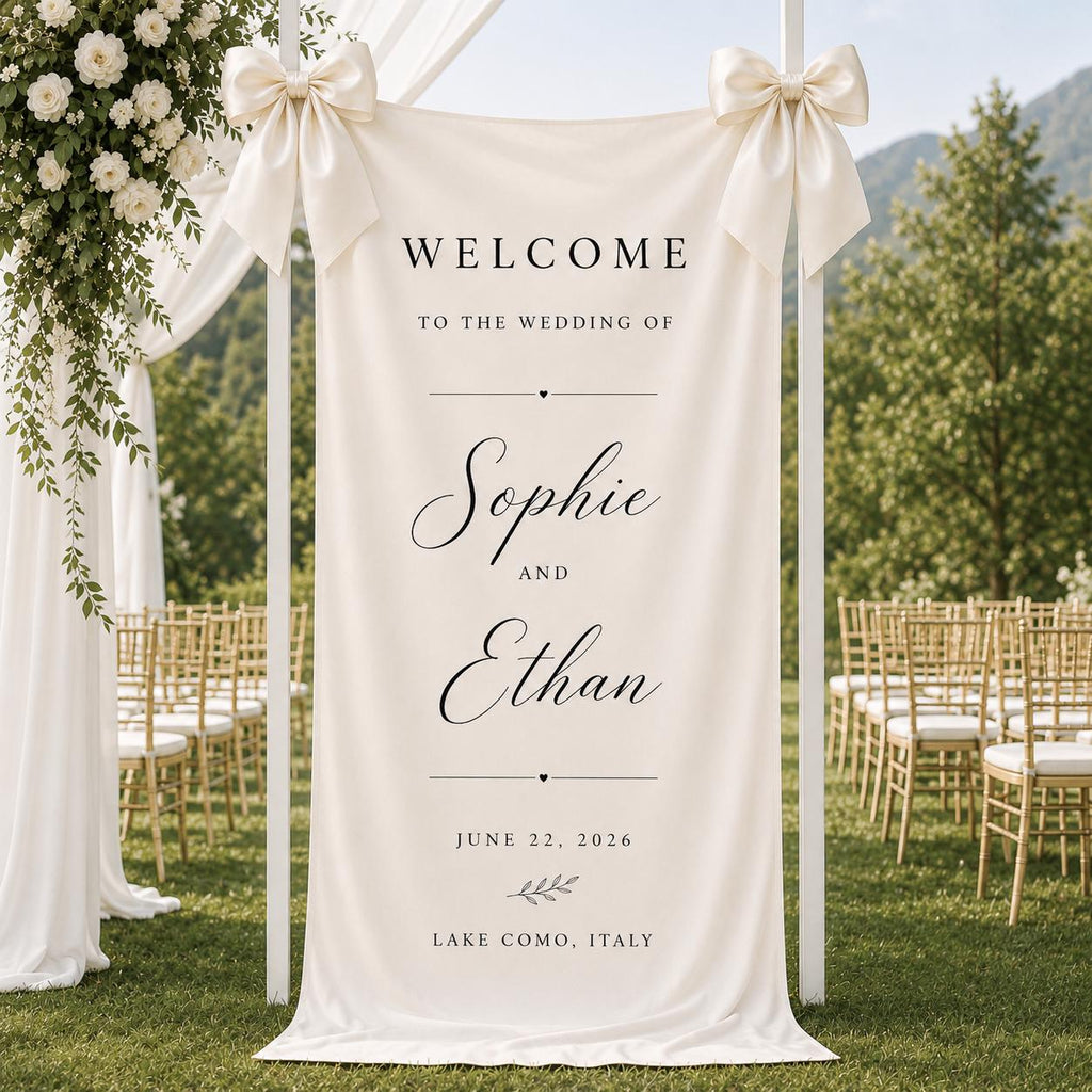 Custom Wedding Welcome Banner with Grommets, Personalized Wedding Tapestry, Rustic Engagement Party & Reception Entrance Decor