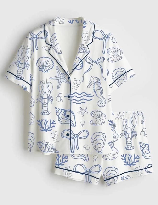 Beach Themed Pajama Set – Coastal Print Sleepwear – Nautical Seashell Print Pjs – Bridal Shower Gift