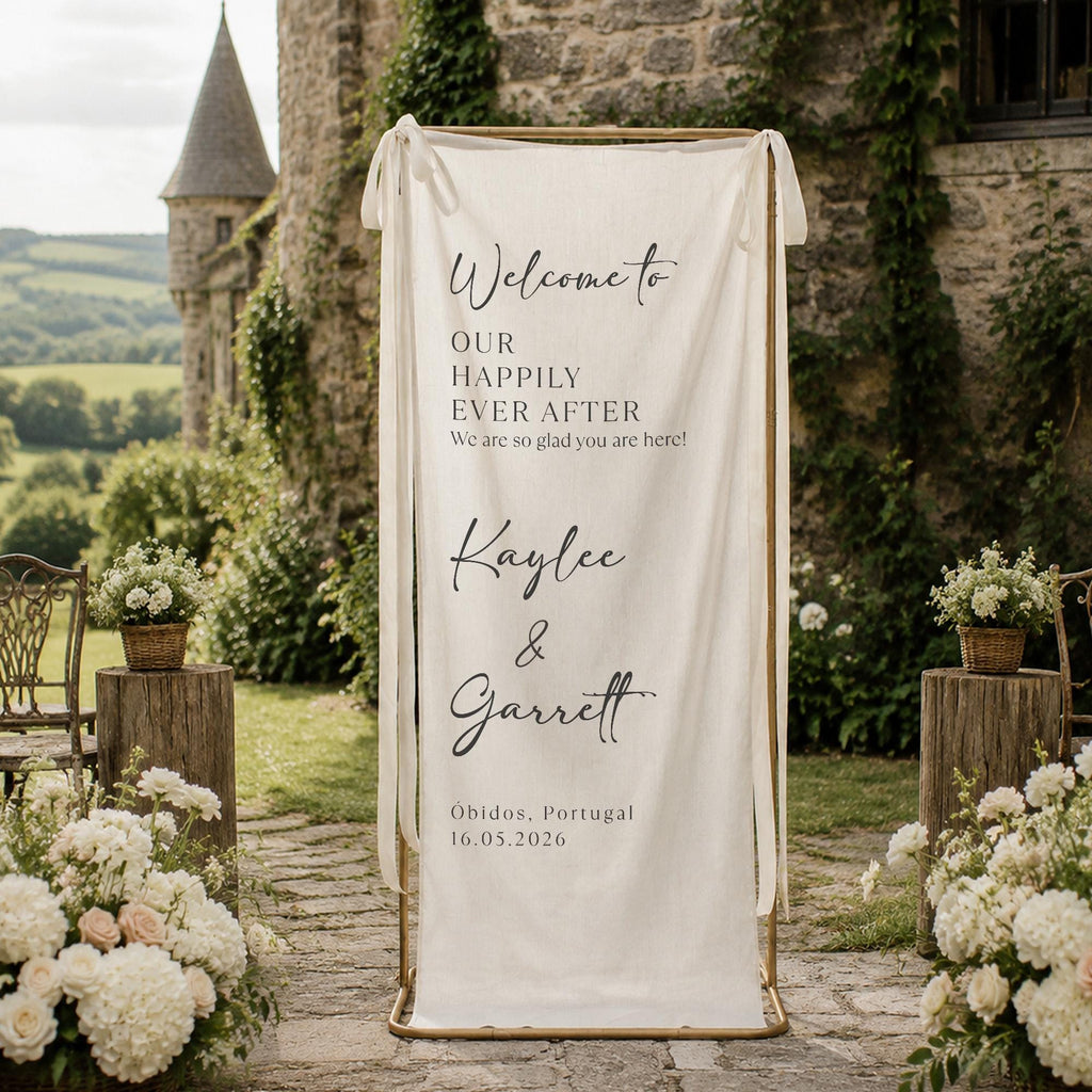 Personalized Fabric Wedding Welcome Sign, Happily Ever After Party Welcome Sign,Welcome to Our Reception Sign, Custom Linen Wedding Signage