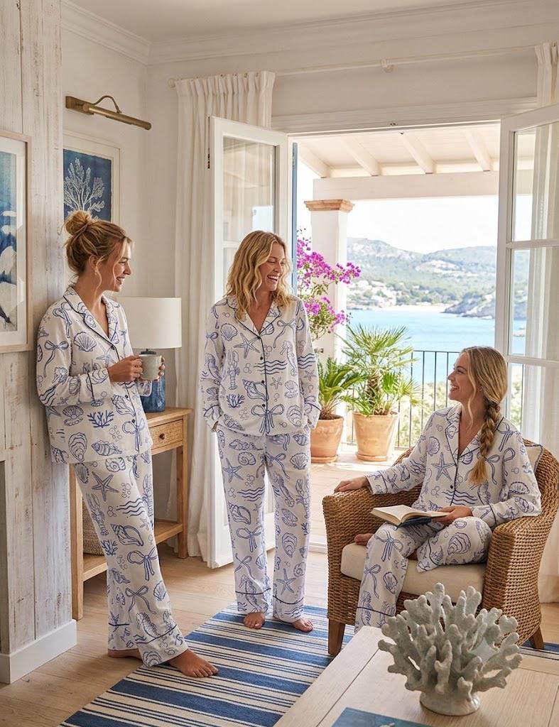 Ocean Pajama Set – Coastal Grandmother Sleepwear – Beach Vacation Outfit - Seashell Print Pajamas