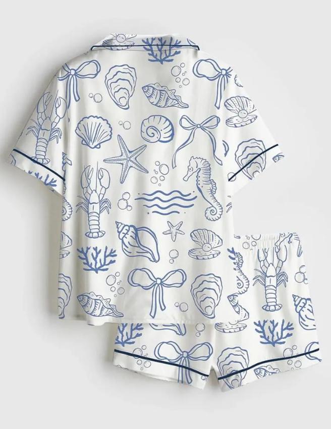 Ocean Pajama Set – Coastal Grandmother Sleepwear – Beach Vacation Outfit - Seashell Print Pajamas