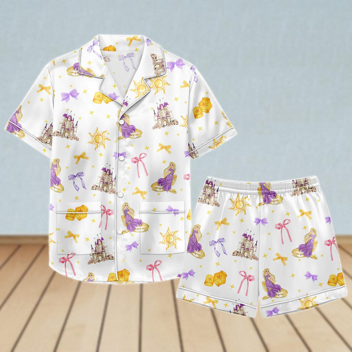 Rapunzel Tangled Satin Pajamas Set, Disney Princess Women Pajamas, Bridesmaid Sleepwear, Coquette Bow Pjs, Bridal Shower Gift For Her