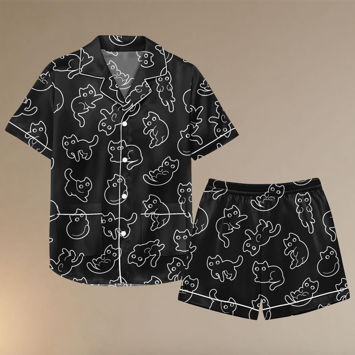Black Cats Shorts Satin Pajamas Set, Funny Cat Women Pajamas, Cute Animal Pajamas, Family Pjs For Party, Black Cats Pjm, Gifts For Her