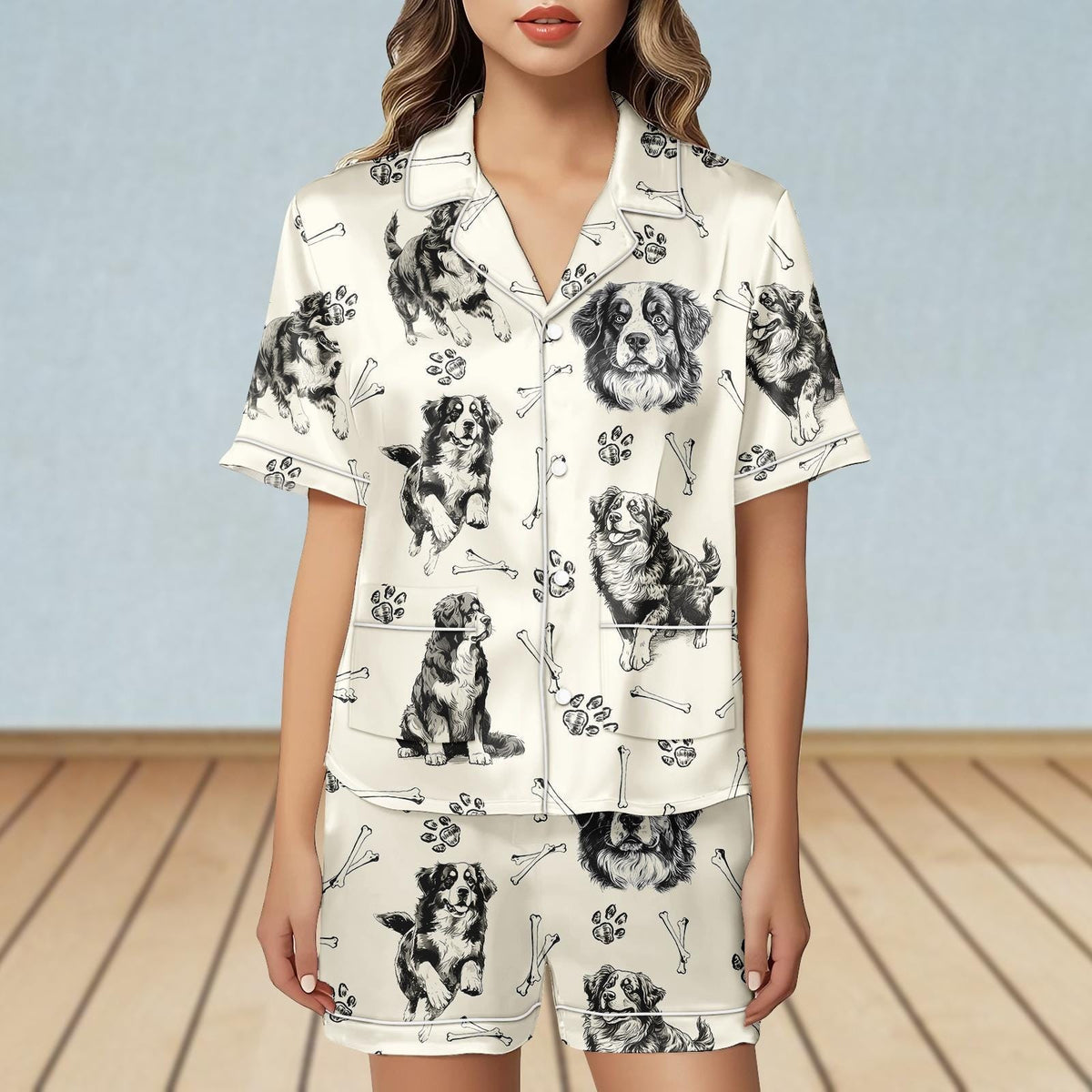 Bernese Mountain Dog Satin Pajamas Set, Dog Mom Pajamas Short, Dog Owner Women Pajamas, Pet Lover Pjs, Bride Pajamas, Gift For Her