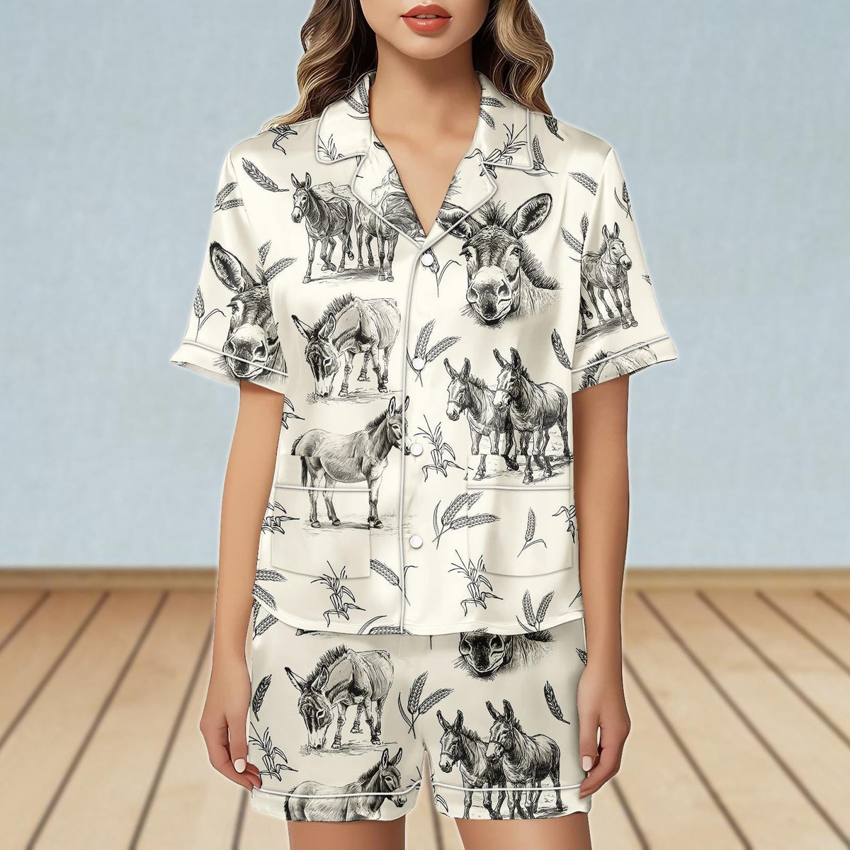 Donkey Satin Pajamas Set, Animal Pajamas Short, Farm Women Pajamas, Donkey Lover Matching Pjs, Donkey Sleepwear, Bridesmaid Pajamas