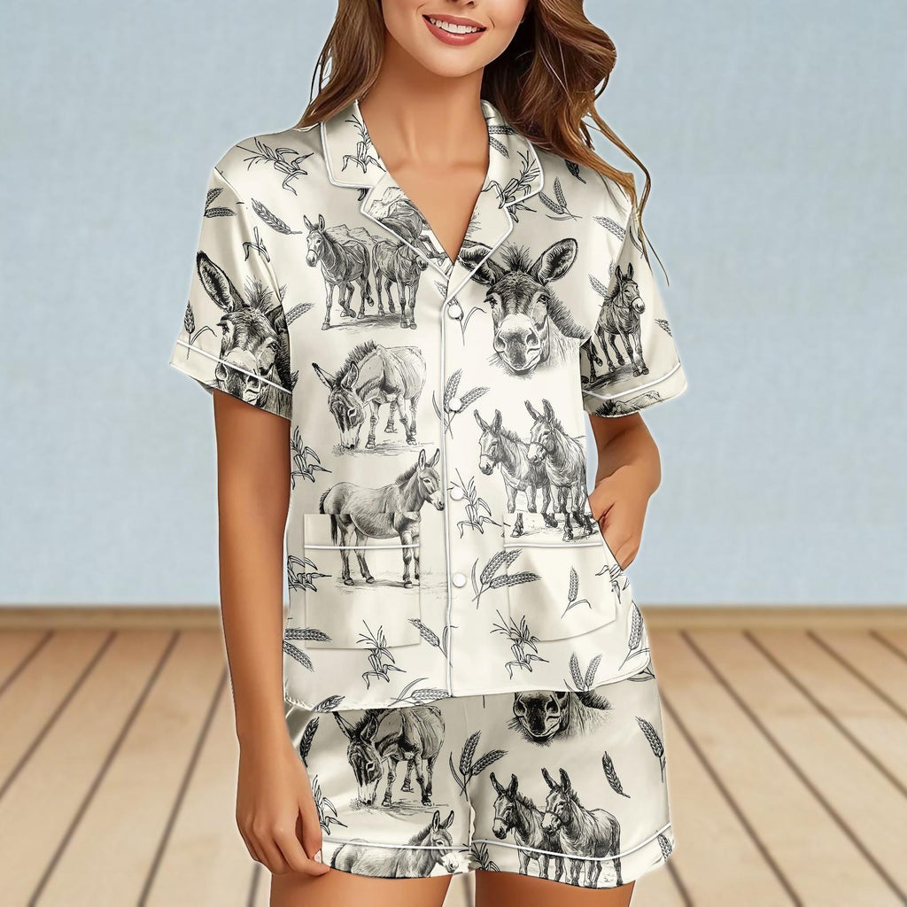 Donkey Satin Pajamas Set, Animal Pajamas Short, Farm Women Pajamas, Donkey Lover Matching Pjs, Donkey Sleepwear, Bridesmaid Pajamas