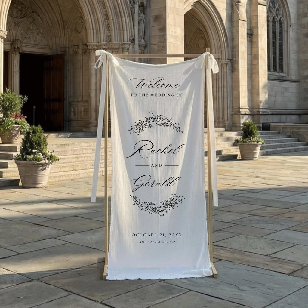 Custom Toile Wedding Welcome Banner with Names, Personalized Vertical Wedding Sign for Reception, Chinoiserie Linen Engagement Party Decor