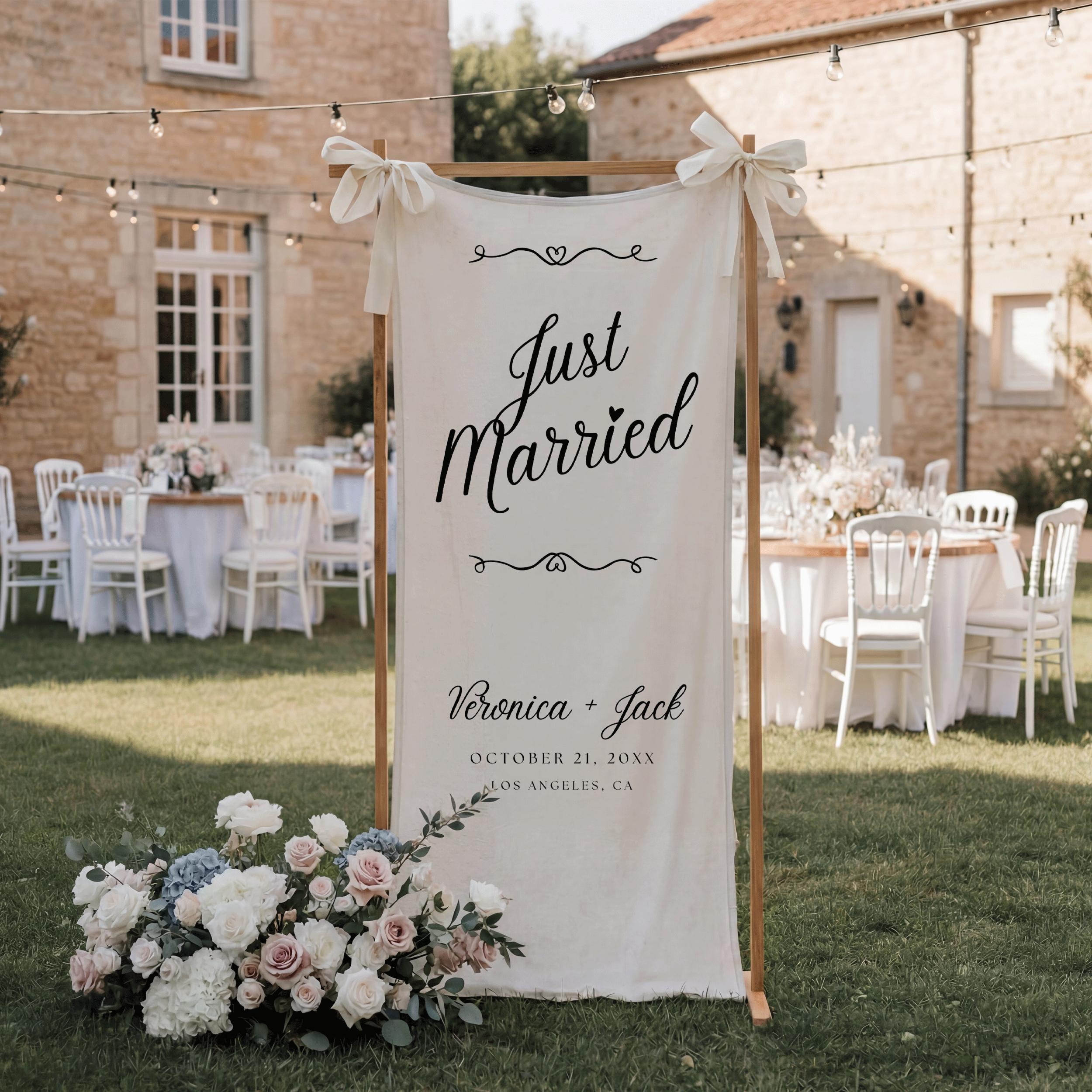 Just Married Wedding Welcome Sign, Rustic Vertical Linen Banner for Garden Reception, Newlywed Celebration Decor for Anniversary, Engagement