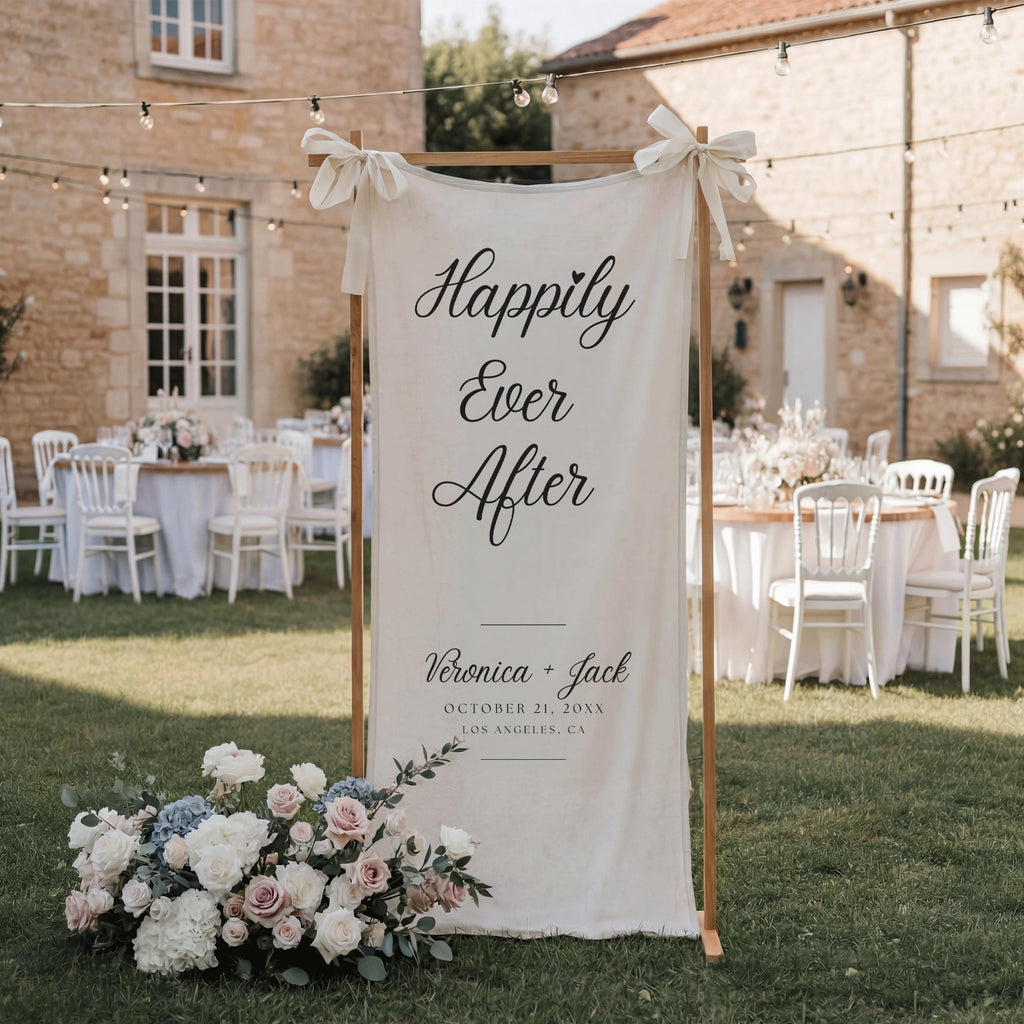 Happily Ever After Linen Wedding Sign, Vertical Reception Welcome Banner, Fairytale Wedding Decor, Newlywed Celebration Banner for Entrance