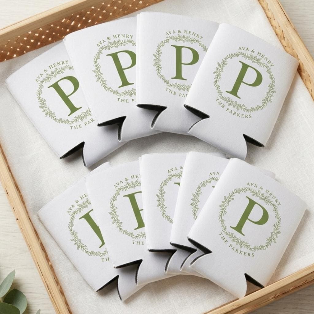 Personalized Floral Wedding Can Coolers, Custom Wildflower Wedding Favors, Rustic Bridal Shower Drink Sleeves, Guest Favor Gift