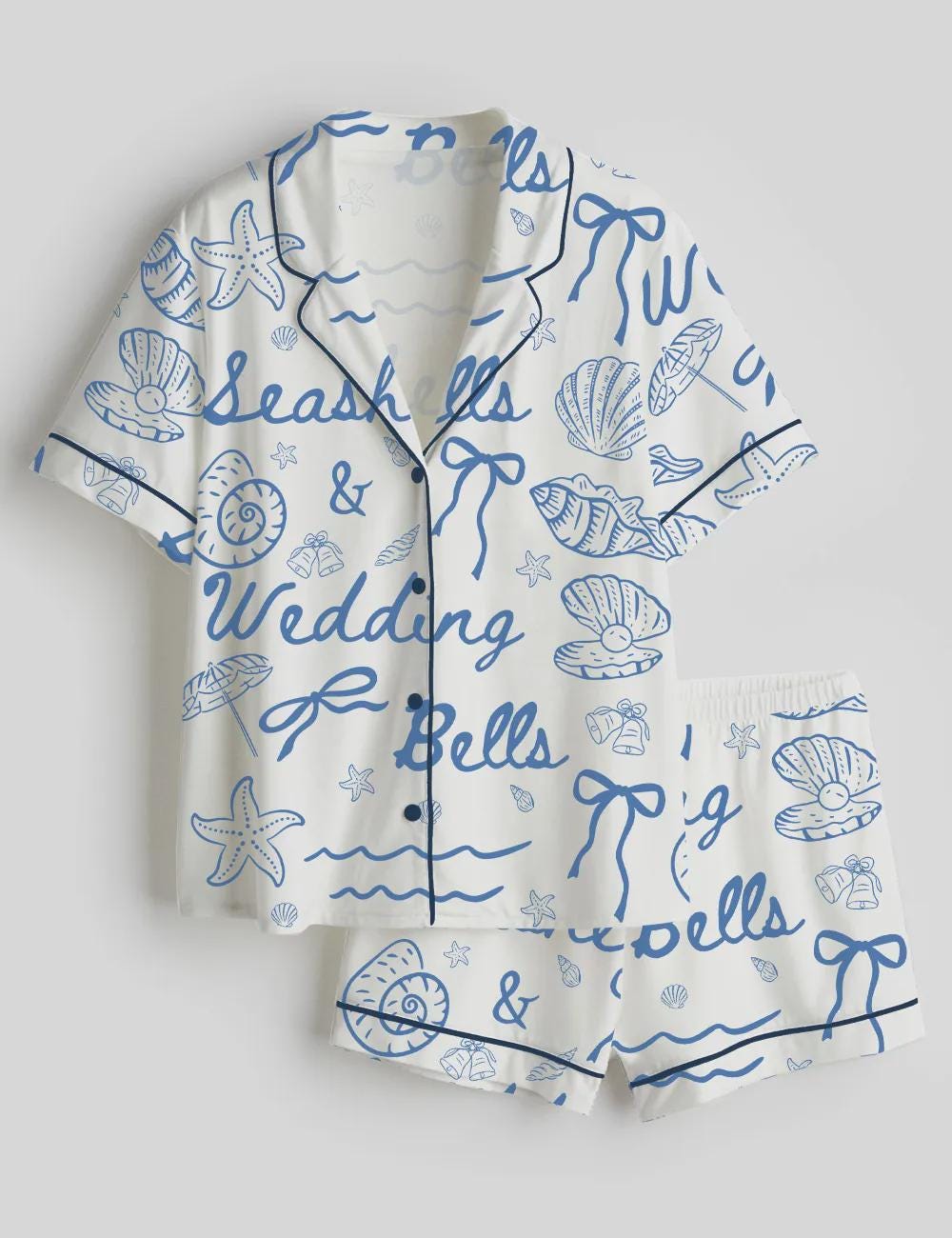 Seashells Wedding Bells Pajama Set, Beach Bride Pajamas, Coastal Bridal PJs, Bridesmaid Pajamas, Bachelorette Pajamas, Wedding Gift