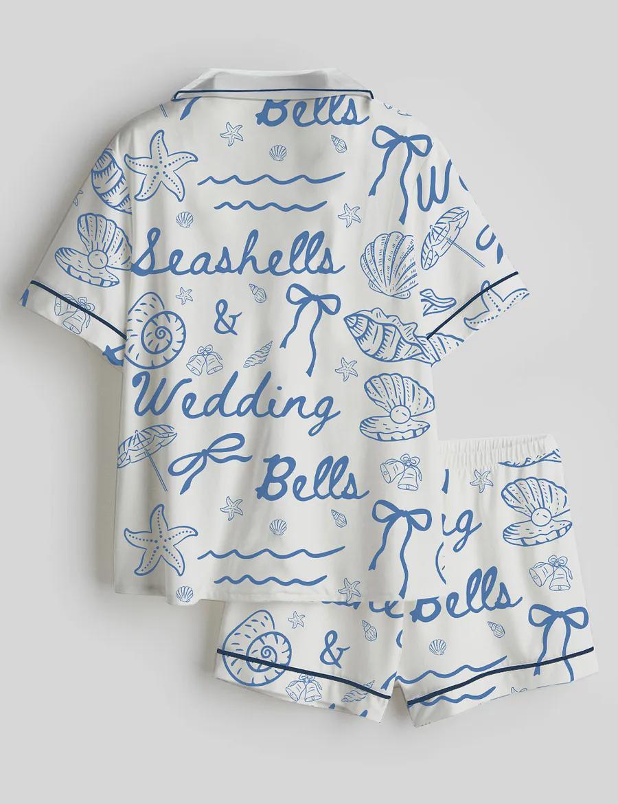 Seashells Wedding Bells Pajama Set, Beach Bride Pajamas, Coastal Bridal PJs, Bridesmaid Pajamas, Bachelorette Pajamas, Wedding Gift
