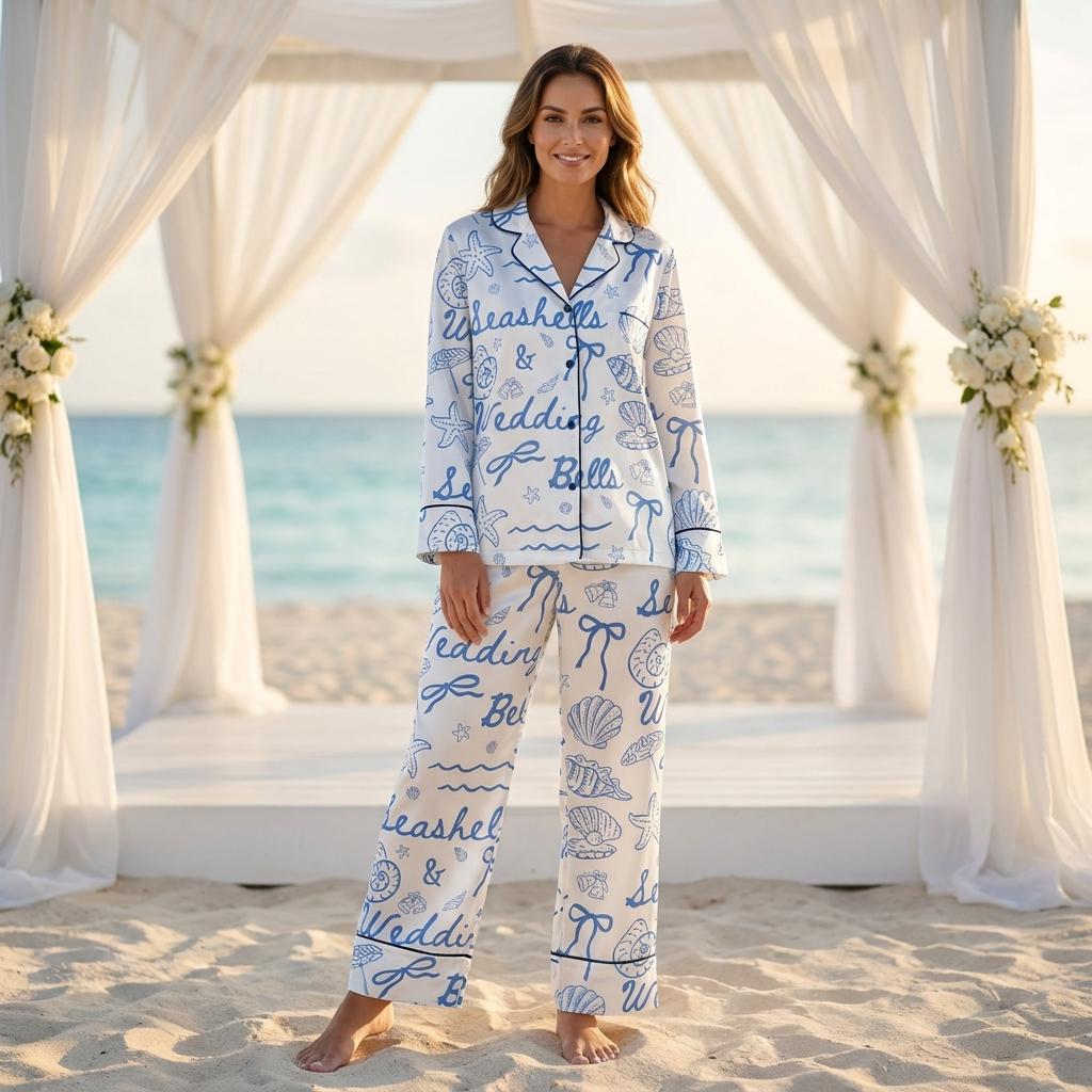 Seashells Wedding Bells Pajama Set, Beach Bride Pajamas, Coastal Bridal PJs, Bridesmaid Pajamas, Bachelorette Pajamas, Wedding Gift