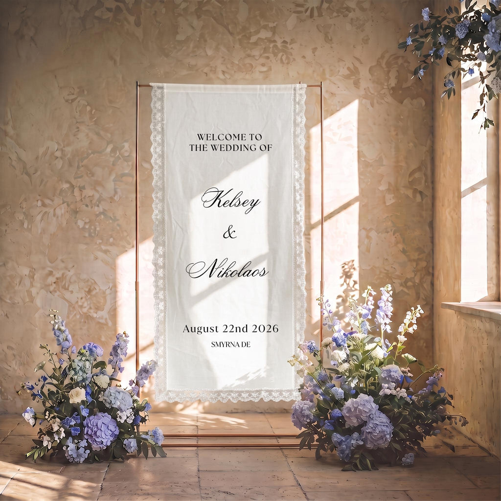 Custom Lace-Linen Wedding Welcome Sign, Fabric Wedding Ceremony Decor, Personalized Fabric Linen Wedding Signs