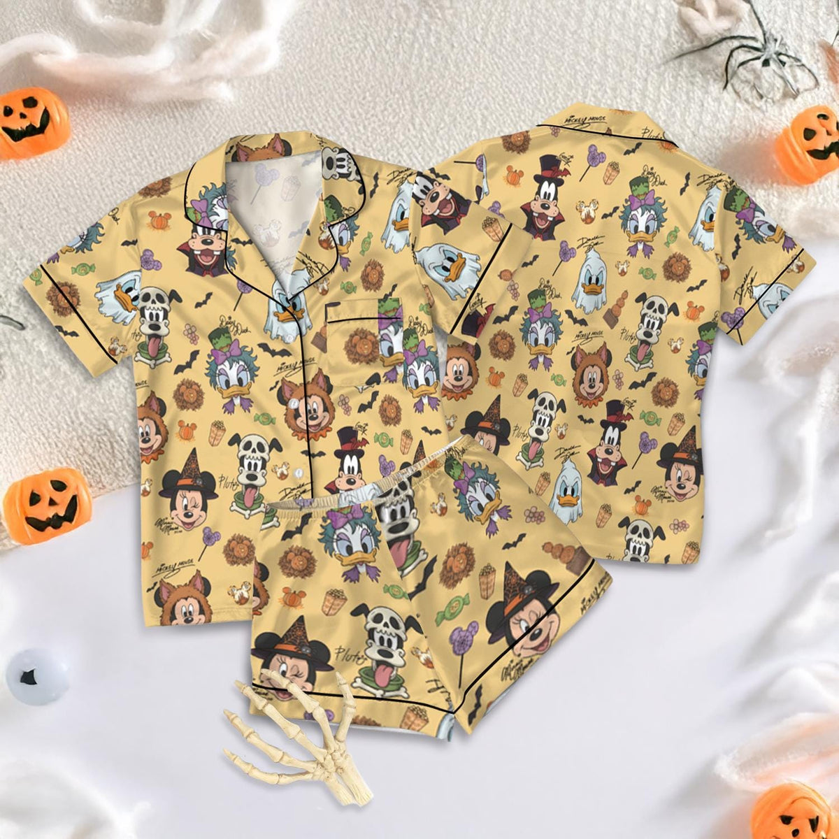 Disney Halloween Satin Pajamas, Mickey Mouse Pumpkin Sleepwear Set, Cute Cartoon Pajama Set, Spooky Season Gift, Comfortable Lounge Wear
