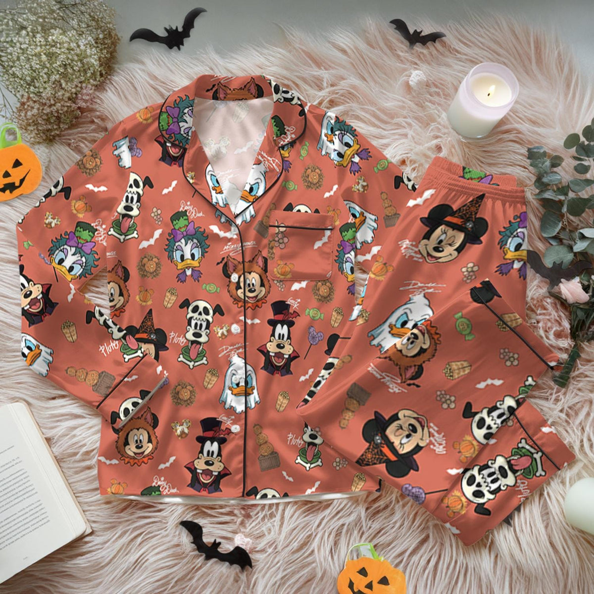 Disney Halloween Satin Pajamas, Mickey Mouse Pumpkin Sleepwear Set, Cute Cartoon Pajama Set, Spooky Season Gift, Comfortable Lounge Wear