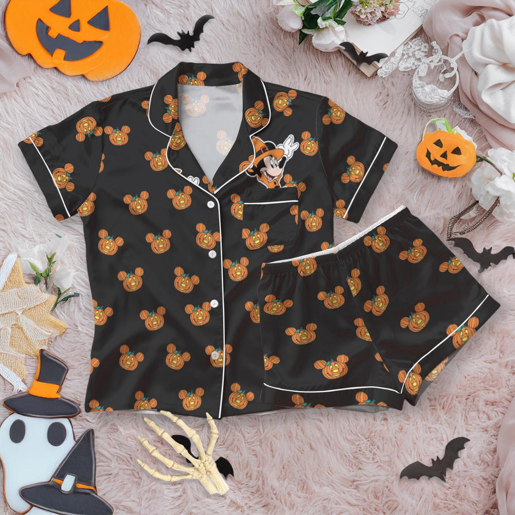 Black Halloween Satin Pajamas, Mickey Pumpkin Print Sleepwear, Cute Cartoon PJ Set, Spooky Season Lounge Wear, Matching Pajamas for Her