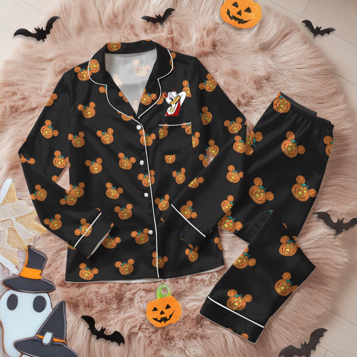 Black Halloween Satin Pajamas, Mickey Pumpkin Print Sleepwear, Cute Cartoon PJ Set, Spooky Season Lounge Wear, Matching Pajamas for Her