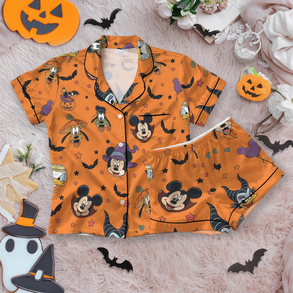 Disney Halloween Satin Pajamas, Cute Character Print Sleepwear Set, Spooky Season Lounge Wear, Matching Pajamas for Her, Comfy PJ Set