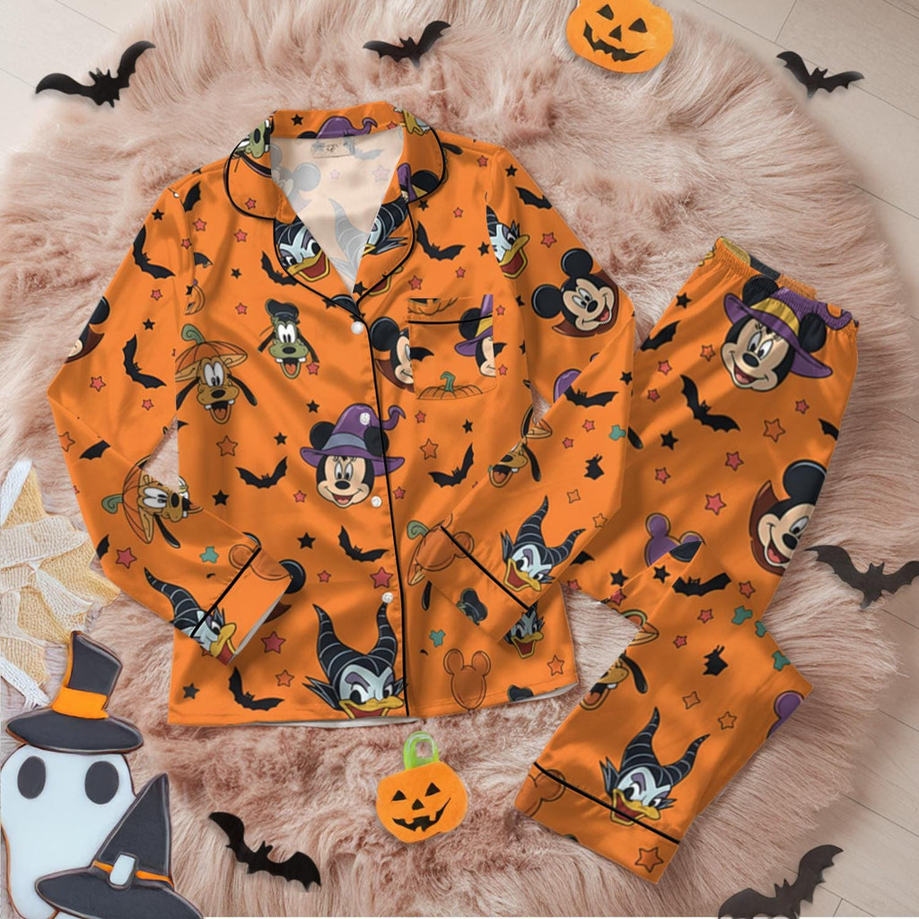 Disney Halloween Satin Pajamas, Cute Character Print Sleepwear Set, Spooky Season Lounge Wear, Matching Pajamas for Her, Comfy PJ Set