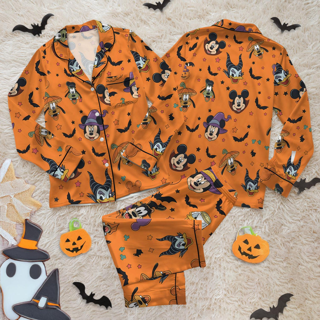 Disney Halloween Satin Pajamas, Cute Character Print Sleepwear Set, Spooky Season Lounge Wear, Matching Pajamas for Her, Comfy PJ Set