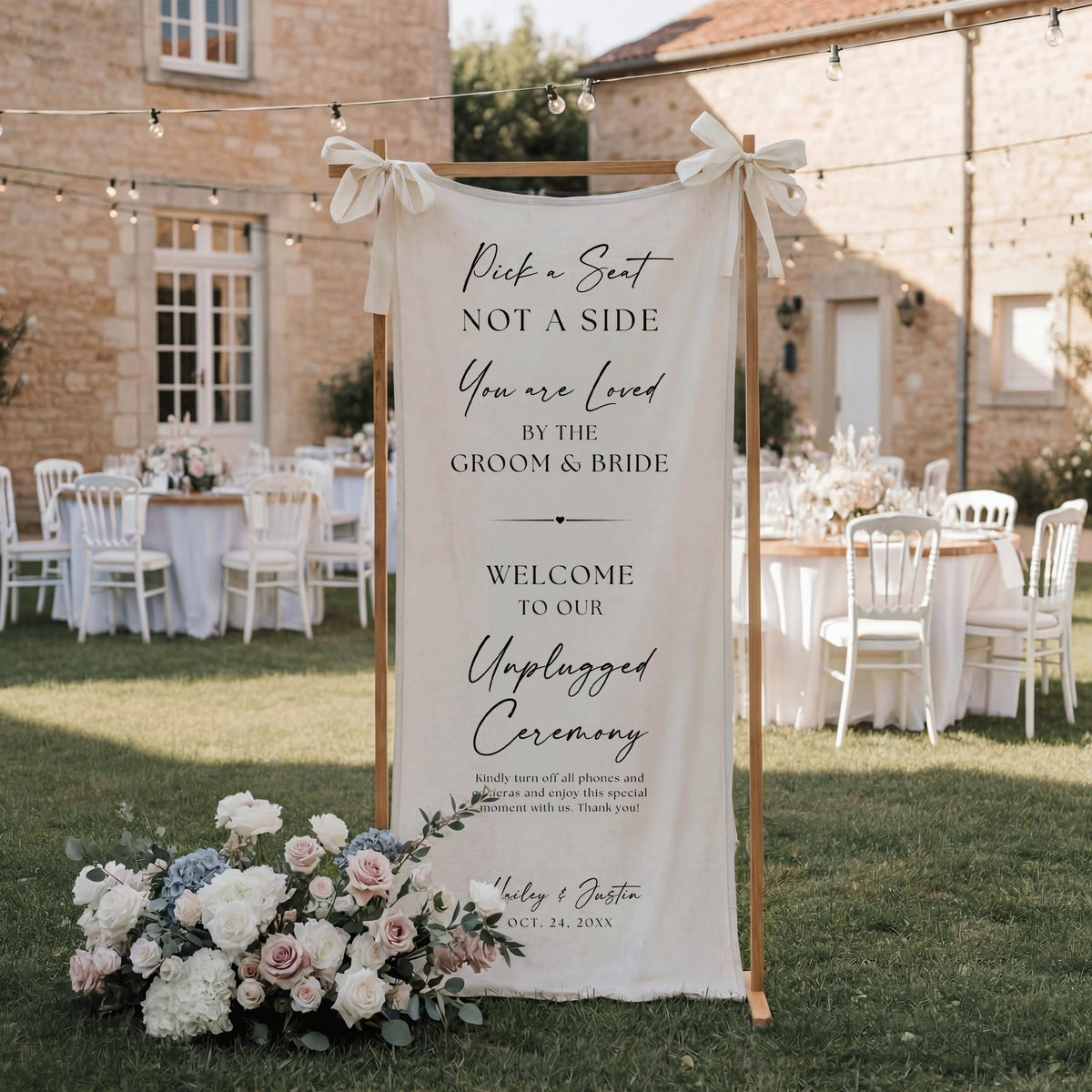 Pick a Seat Wedding Sign, Custom Wedding Seating Linen Banner, Unplugged Ceremony Fabric Signage for Reception, Either Side Welcome Decor