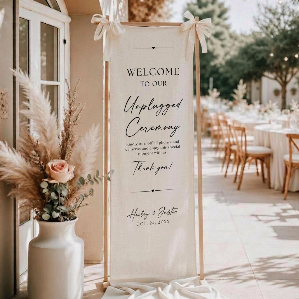 Unplugged Ceremony Wedding Sign, Custom Linen Unplugged Wedding Banner, Vertical Rustic Wedding Welcome Decor for Reception and Entrance