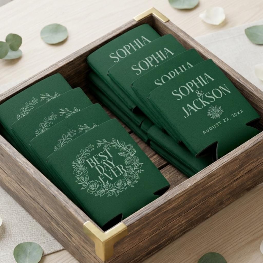 Personalized Best Day Ever Wedding Can Coolers, Custom Wedding Favor for Guests, Wedding Reception Drink Holders, Bridal Shower Favor