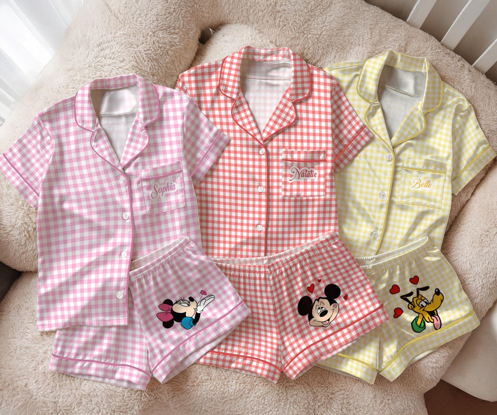 Personalized Gingham Mickey and Friends Satin Pajamas Set, Custom Disney Pajama Set, Mickey Minnie Sleepwear, Disney Short Sleeve Pjs