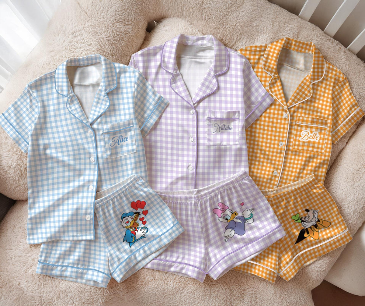 Personalized Gingham Mickey and Friends Satin Pajamas Set, Custom Disney Pajama Set, Mickey Minnie Sleepwear, Disney Short Sleeve Pjs