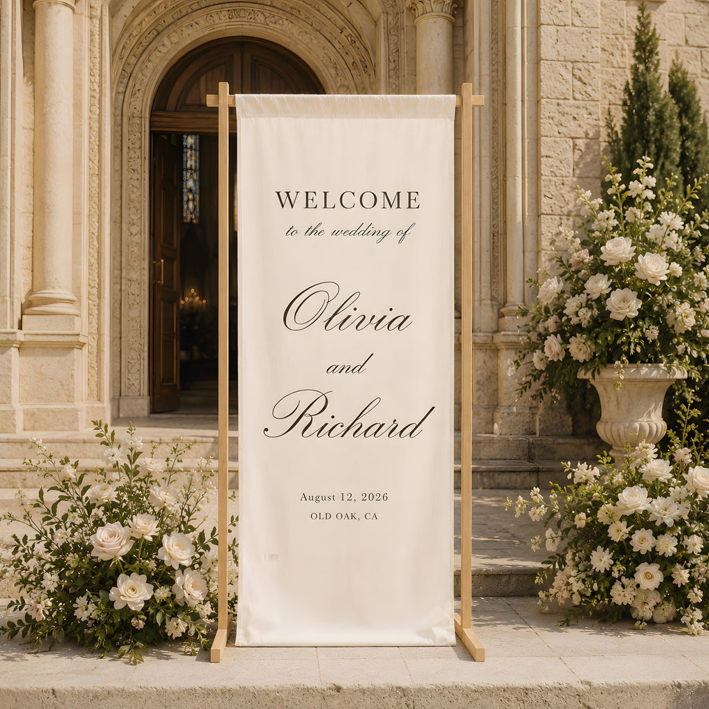 Personalized Vertical Wedding Welcome Banner, Minimalist Linen Sign for Reception Entrance and Ceremony Decor