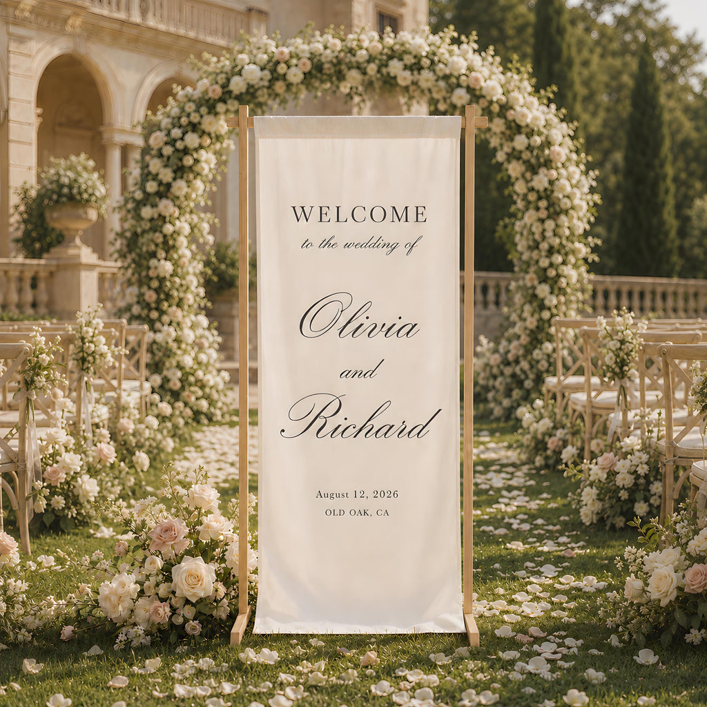 Personalized Vertical Wedding Welcome Banner, Minimalist Linen Sign for Reception Entrance and Ceremony Decor