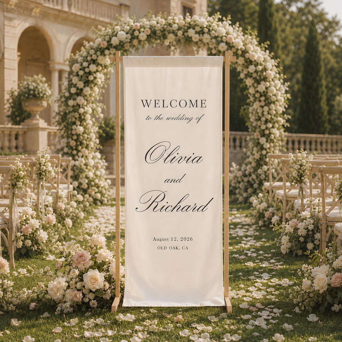 Personalized Vertical Wedding Welcome Banner, Minimalist Linen Sign for Reception Entrance and Ceremony Decor