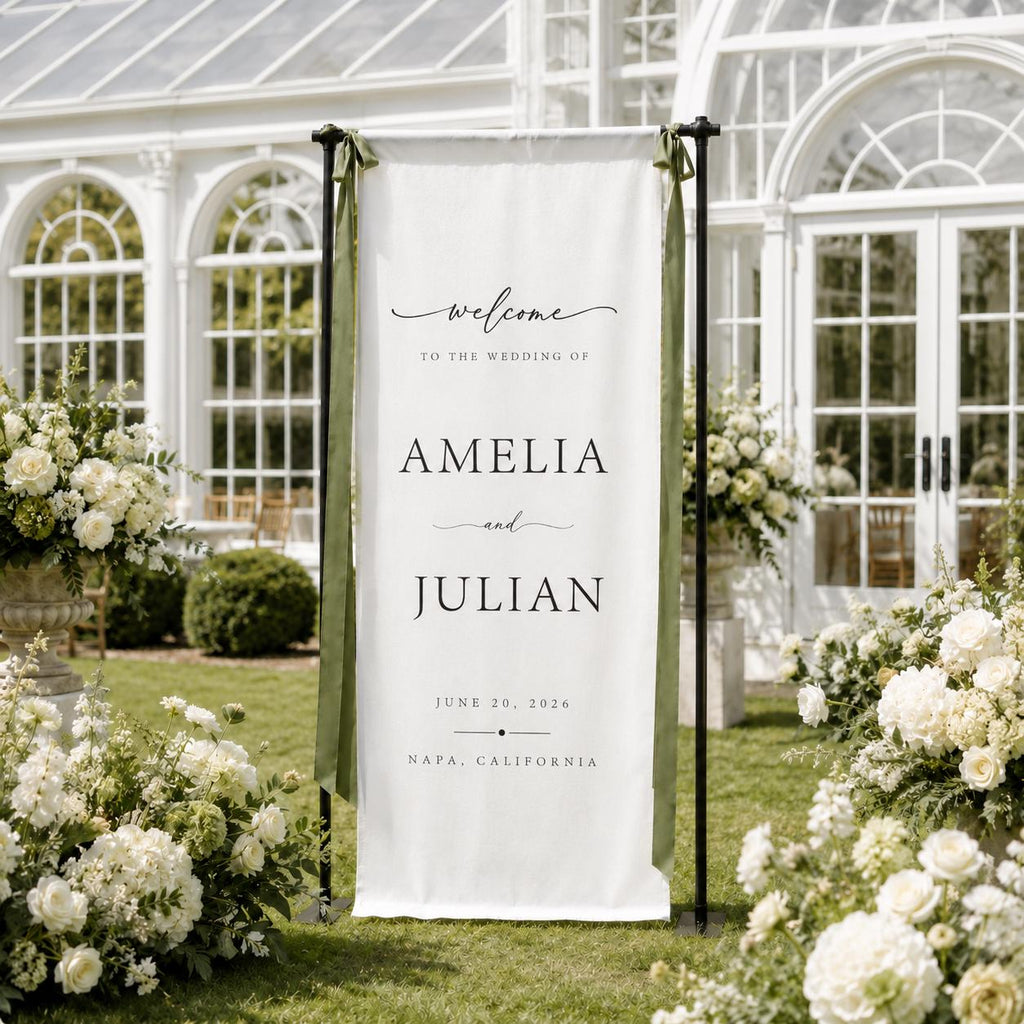 Fabric Wedding Welcome Sign, Personalized Linen Wedding Banner, Custom Name Date Ceremony Sign, Modern Boho Reception Backdrop