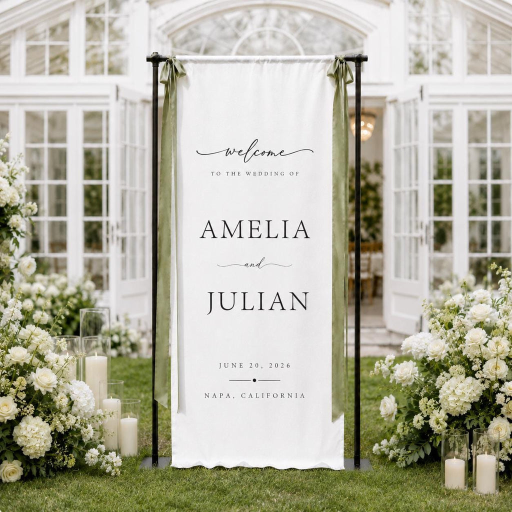 Fabric Wedding Welcome Sign, Personalized Linen Wedding Banner, Custom Name Date Ceremony Sign, Modern Boho Reception Backdrop