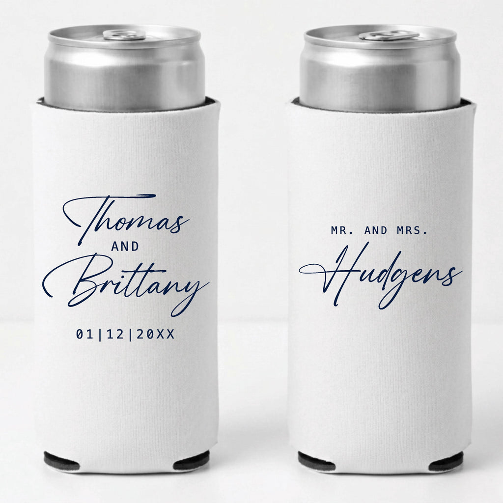 Mr And Mrs Wedding Slim Can Coolers Personalized Wedding Favors Custom Skinny Can Sleeves Bride Groom Reception Keepsake
